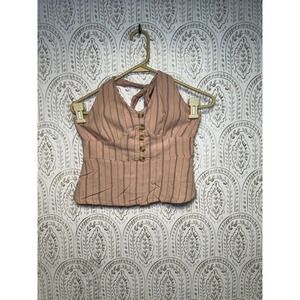 American Eagle Striped Halter Crop Top Peach Button Front Smocked Back Women's S
